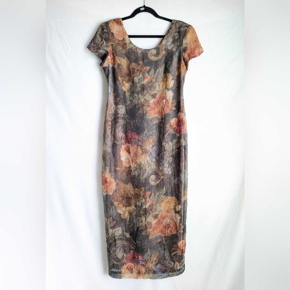 90s Vintage Dark Floral Midi Dress | Autumn Romantic Minimalist Size 8